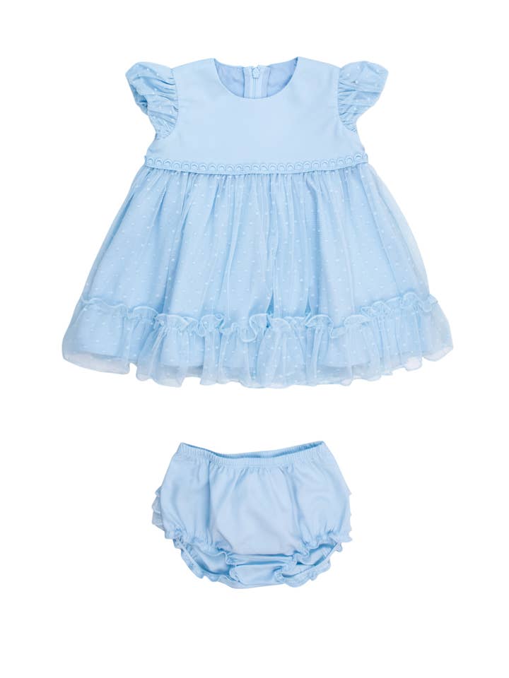 Baby Girls Light Blue Dotted Tulle Dress & RuffleButt Set for wholesale on Faire