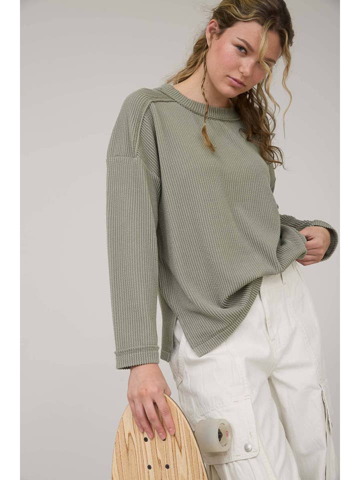 J.O.A - Wholesale Knit Top - Women's - CREW NECK RIBBED LONG SLEEVE KNIT TOP24