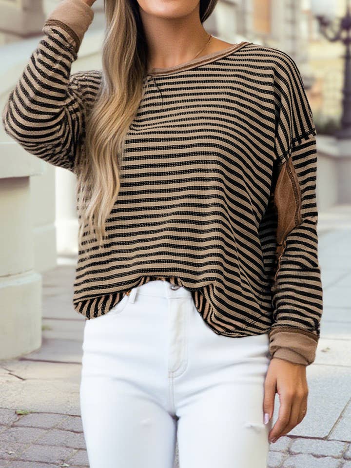 1 the Woman - Wholesale Blouse - Women's - Stripe Patchwork Round Neck Long Sleeve Blouse5