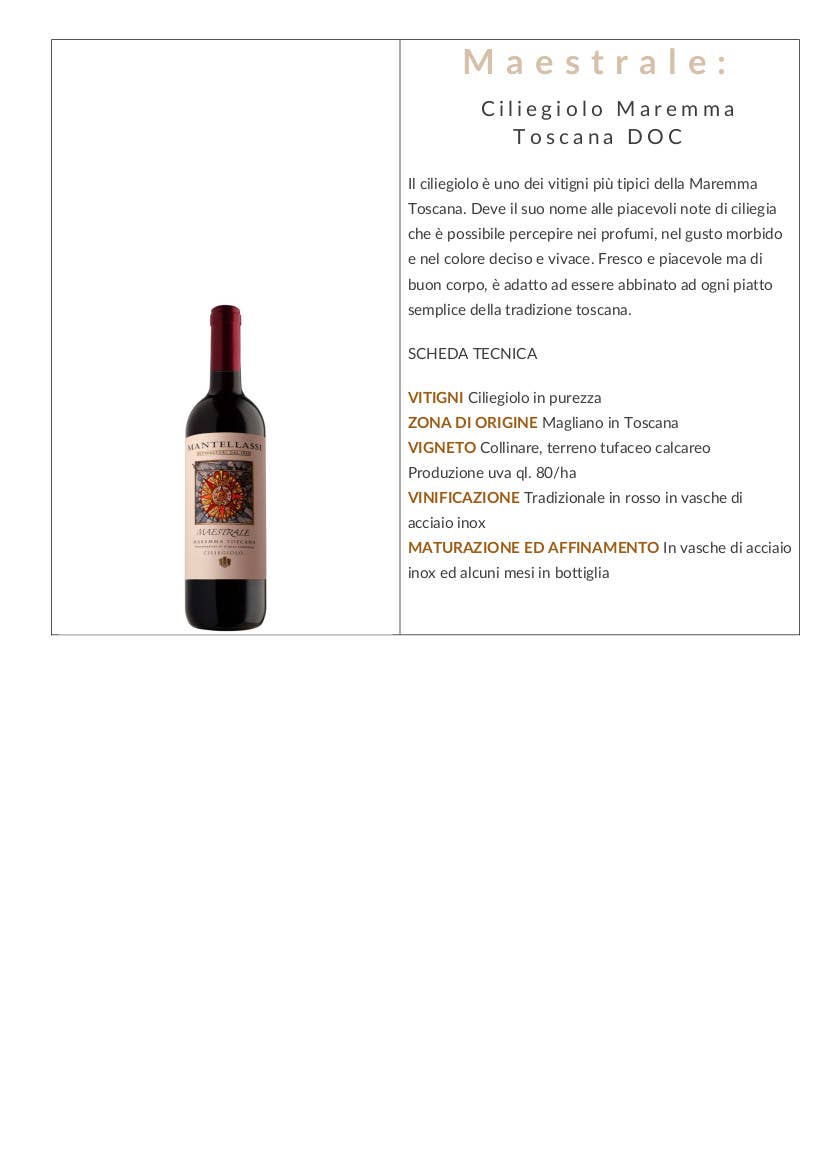 Metina SAS - Wholesale Red Wine - Mistral Ciliegiolo Maremma Toscana Mantellassi 75 cl.1