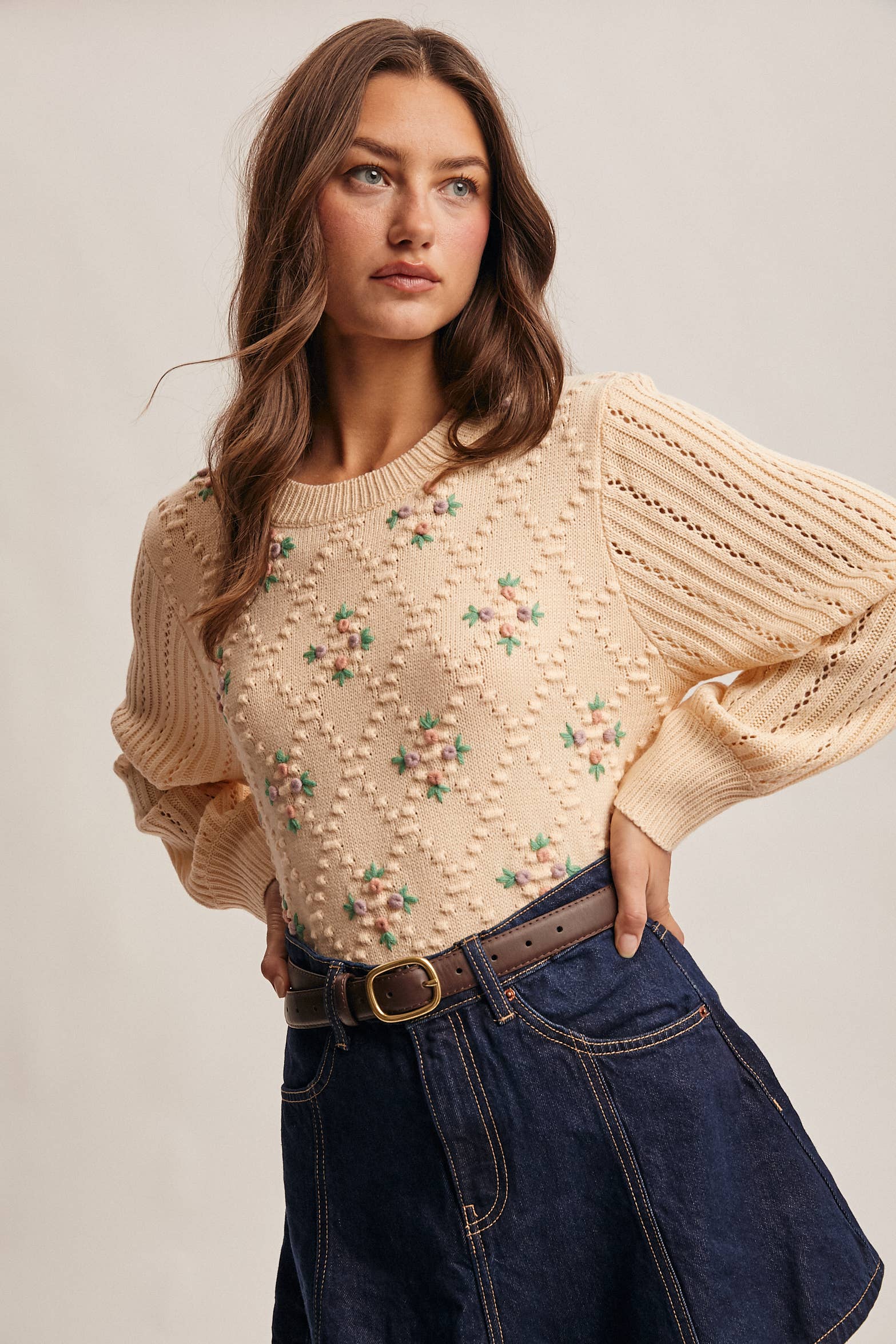 Forte - Venta al por mayor Jersey de punto - Mujer - Jersey de Punto con Mangas Abullonadas Bordadas FSW00071