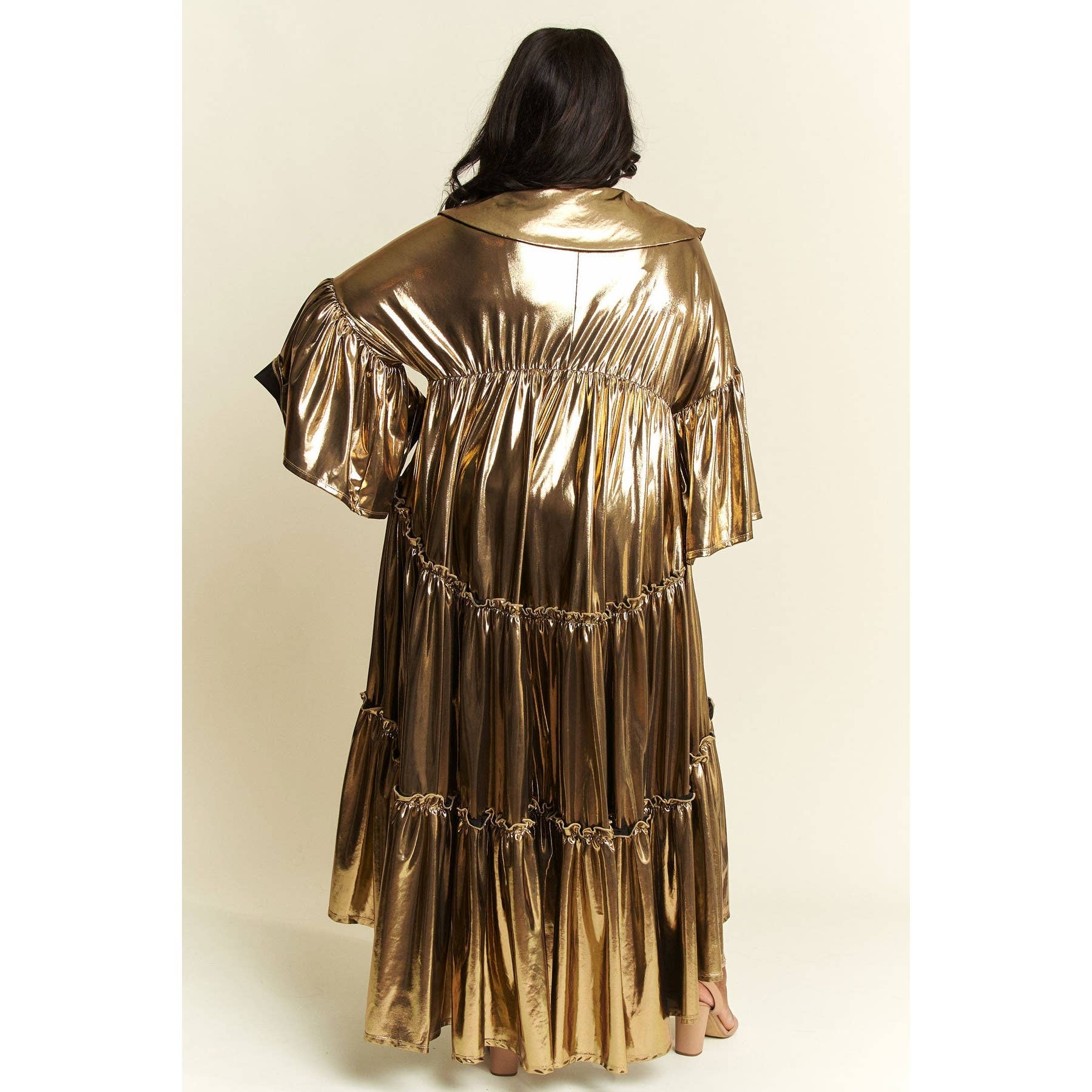 DORCAS – Vestido - Mulher por atacado – Vestido Midi Plus Metálico Plissado Flare6