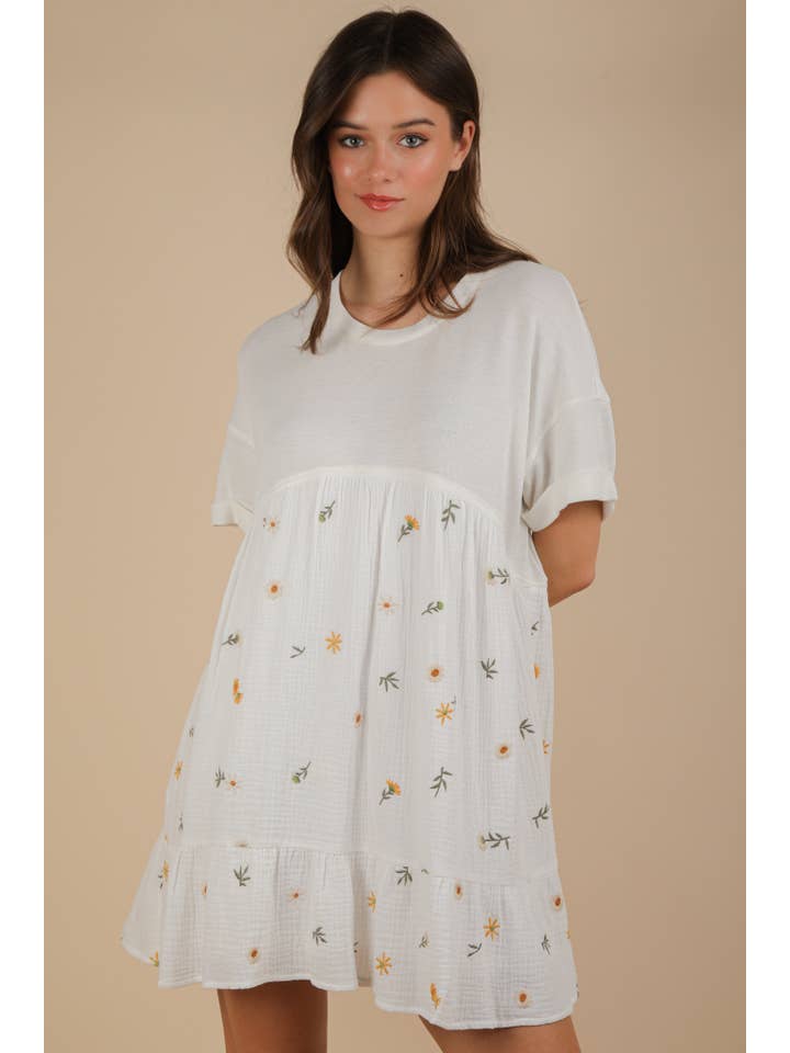 VERY J - Wholesale Dress - Women's - ND31718-Oversized Floral Embroidered Knit Mini Dress2