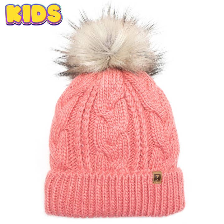 Fashion City - Wholesale Beanie - Kids - Kid's Cable Knitted Faux Fur Pom Beanie Hat7