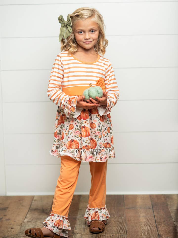 Kids Pumpkin Stripe Ruffle Rosette Two Piece Fall Pant Set for wholesale by Adorable Sweetness