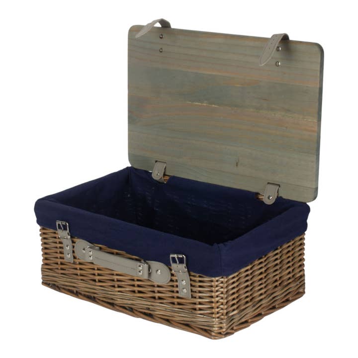Antique Wash Navy Lined Willow Empty Picnic Basket with Pinewood Lid for wholesale by Red Hamper