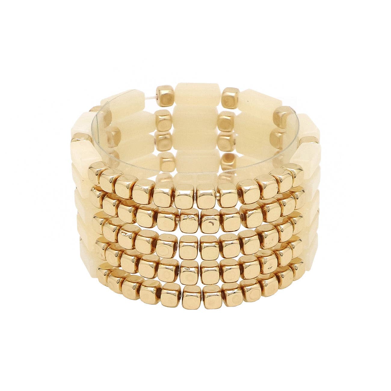 What's Hot – Engroshandel Smykkesæt – Naturlig creme akryl rektangel og guldperlesæt med 5 strækarmbånd