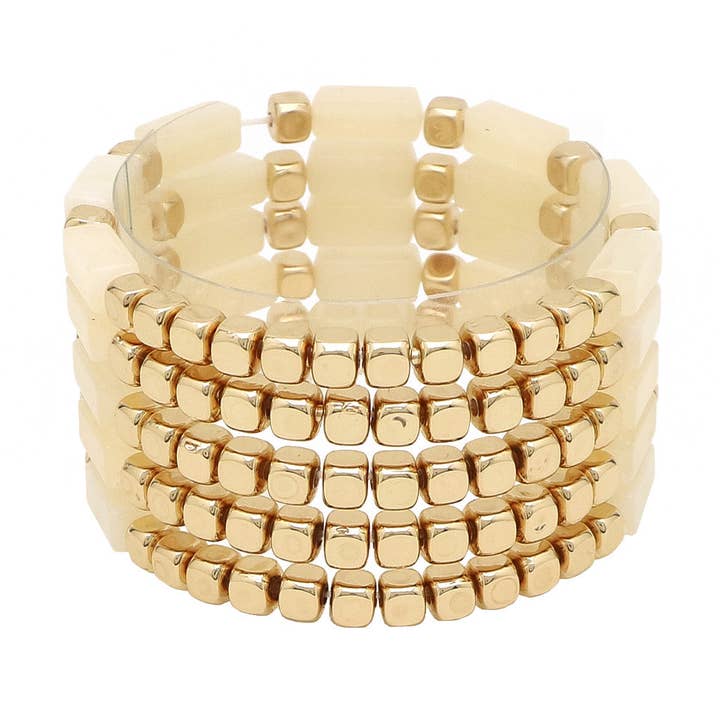 What's Hot – Engroshandel Smykkesæt – Naturlig creme akryl rektangel og guldperlesæt med 5 strækarmbånd0