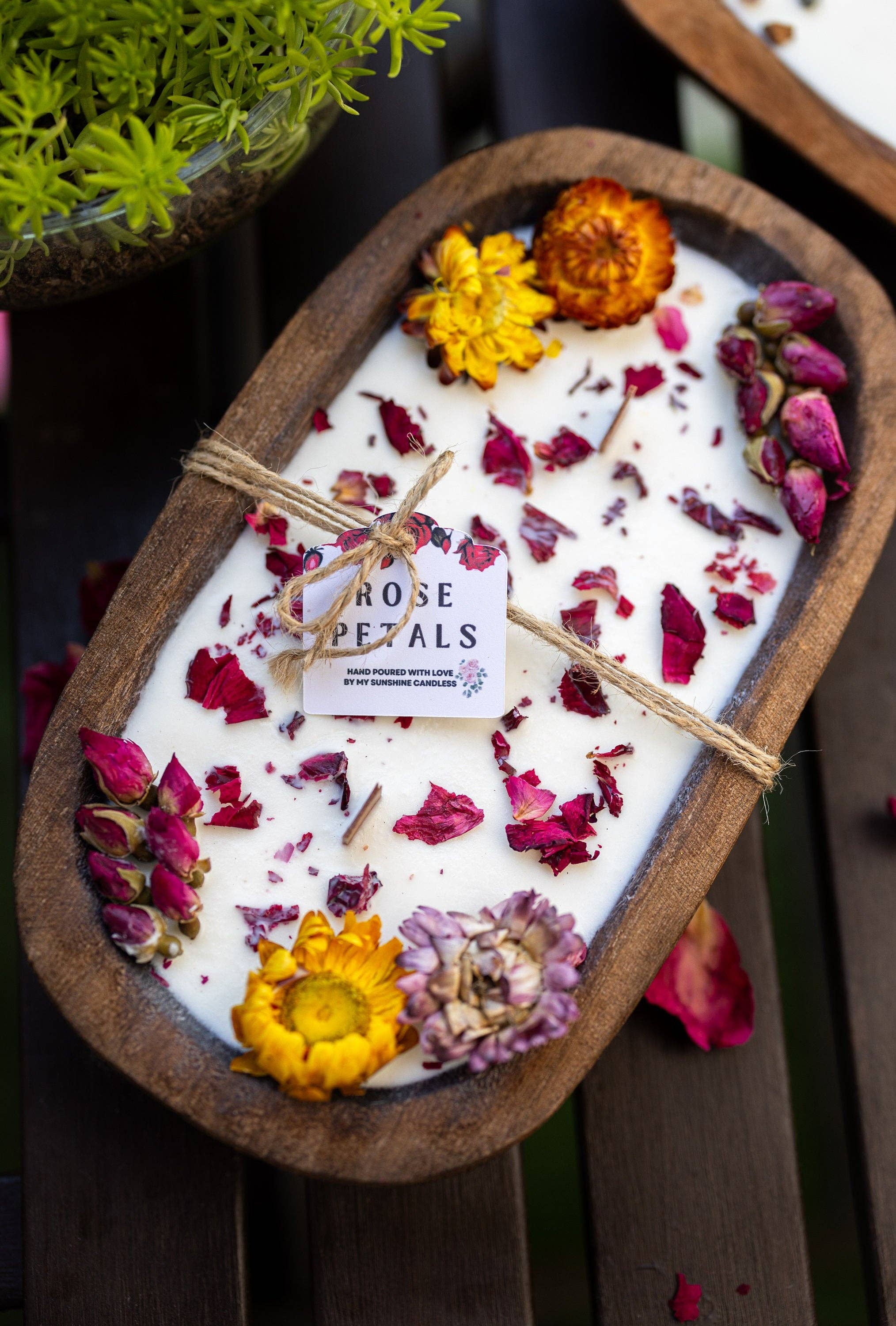 MySunshineCandless - Wholesale Pot/gevulde kaars - Dough Bowl-kaars met houten lont en sojawas | Rozenblaadjes en rozentuin geur | Boerderijstijl | 3 houten lonten | Zomerse geuren7