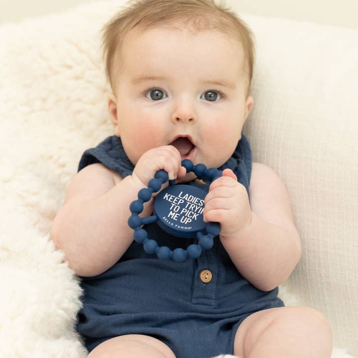 Blue Ladies Pick Me Up Happy Teether for wholesale on Faire
