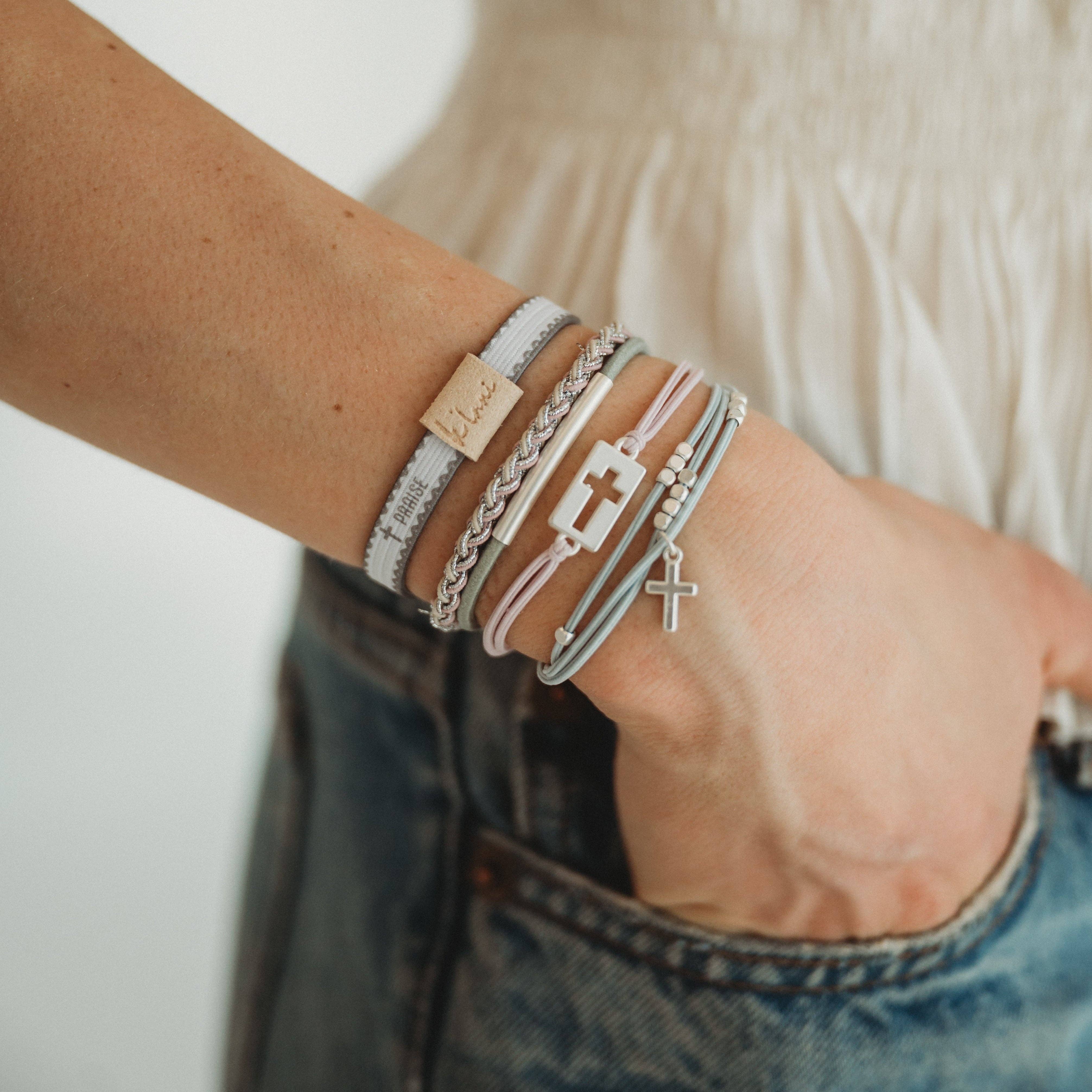 K'lani hair tie bracelets - Wholesale Jewelry Set - "Praise" Silver Cross with muted Pastels Hair Tie Bracelets1