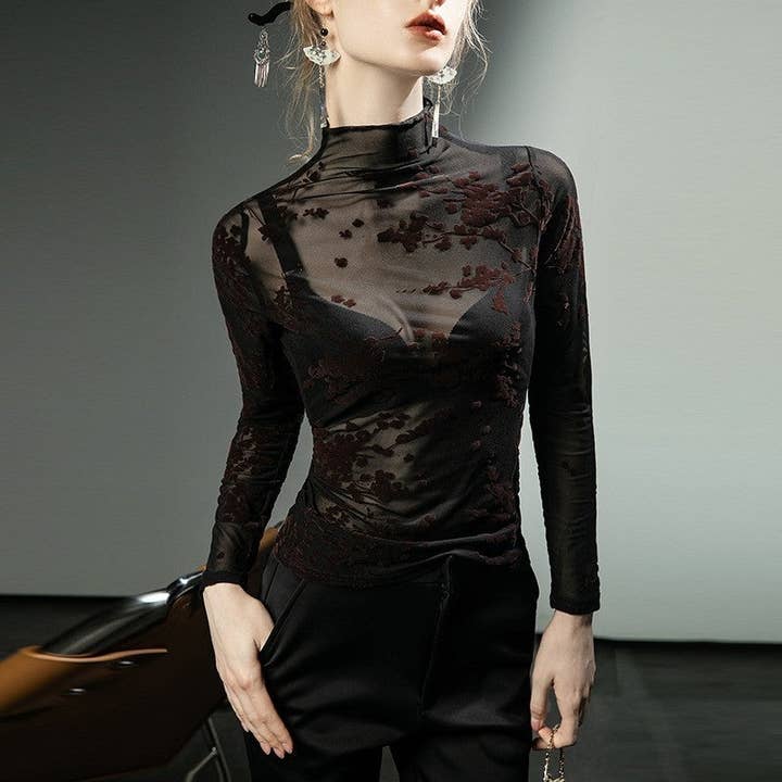 Sheer Trend - Wholesale Blouse – Women’s - Flocked Mesh Sheer Base Shirt