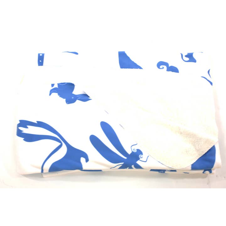 Multi Creature Fleece Blanket - Blue on White for wholesale on Faire