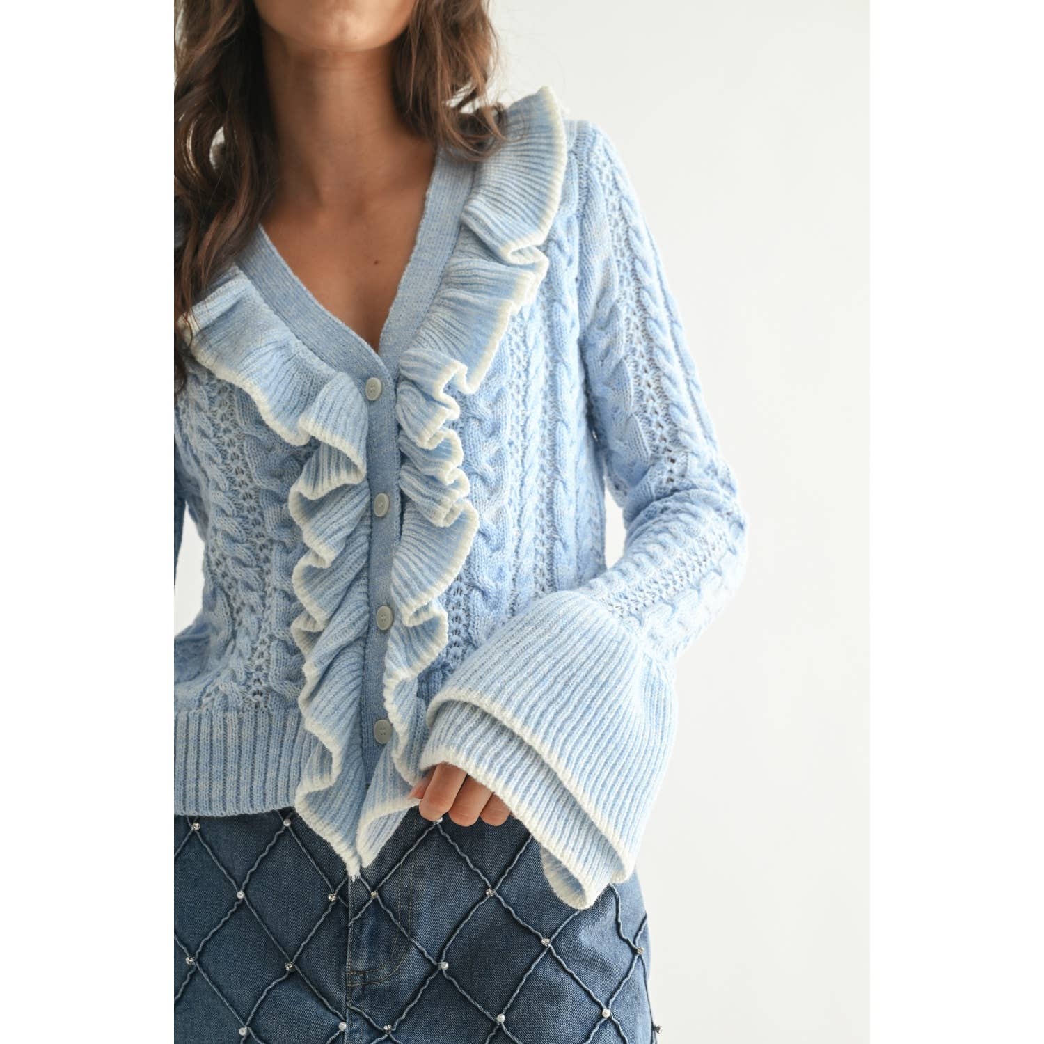 Camellia - Wholesale Cardigan - Women's - STYLIESH BLUE RUFFLED CARDIGAN5