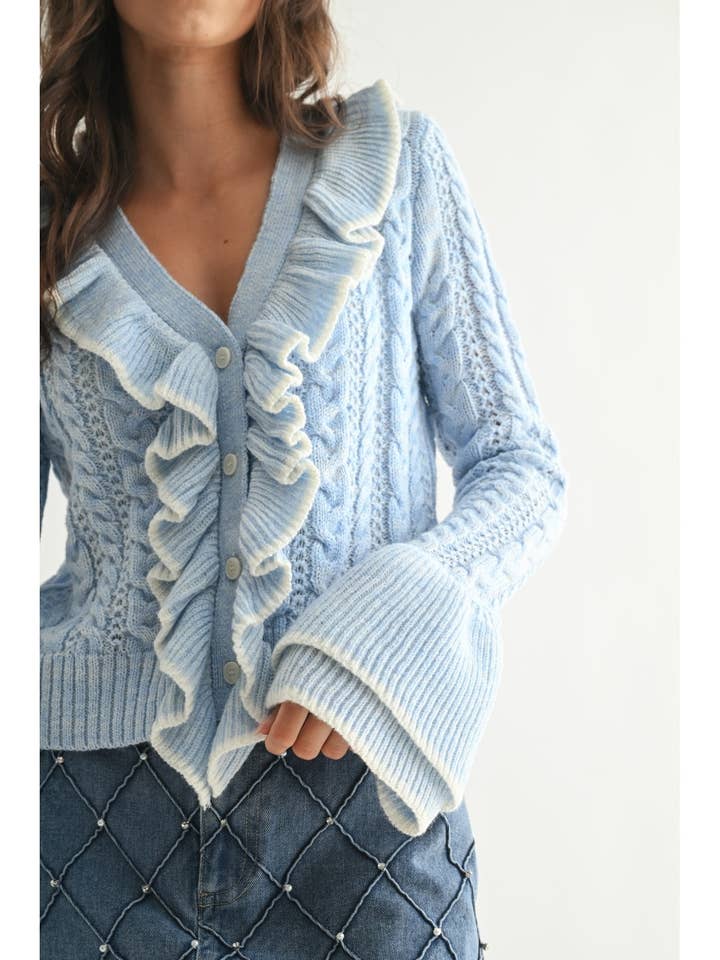 Camellia - Wholesale Cardigan - Women's - STYLIESH BLUE RUFFLED CARDIGAN5