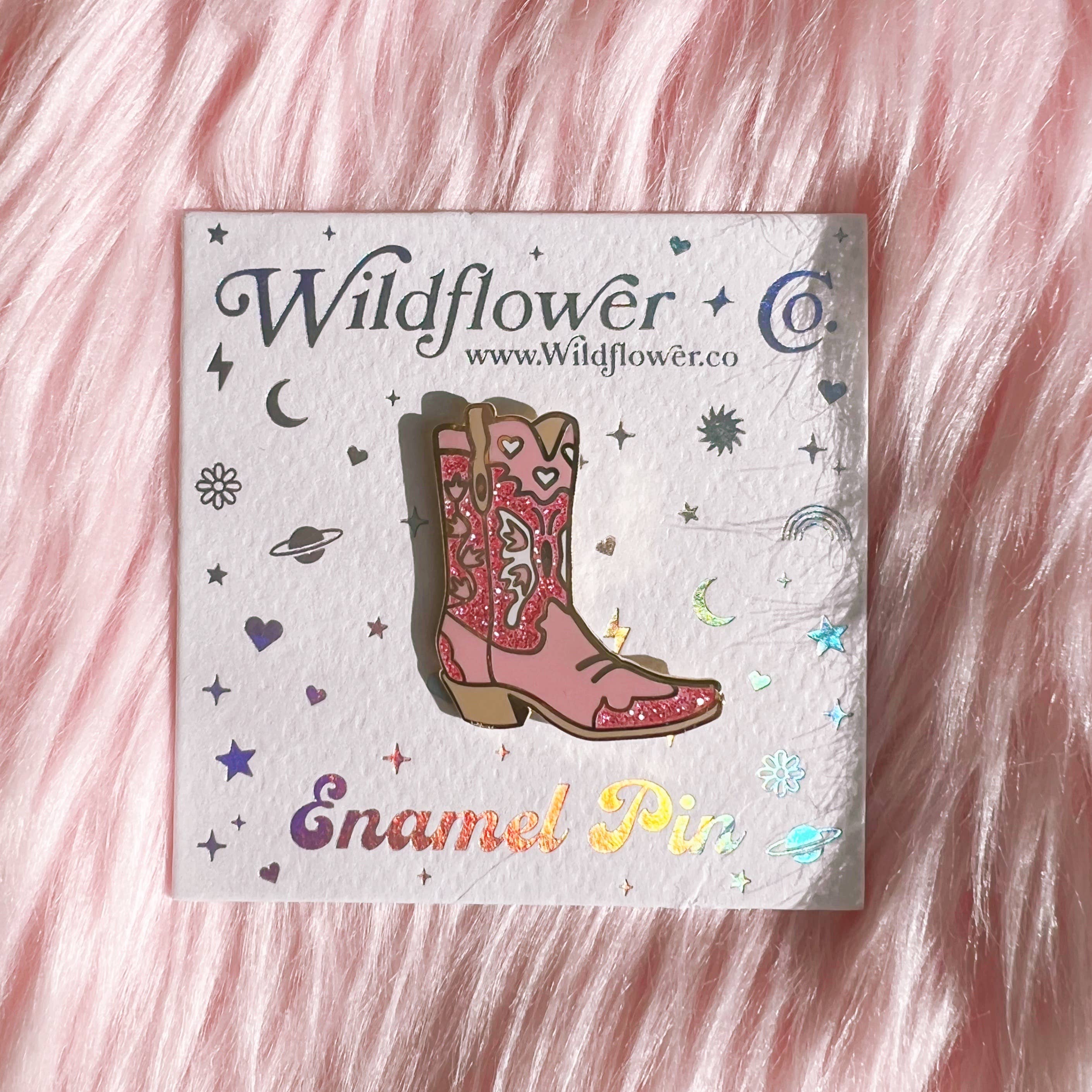 Wildflower + Co. - Wholesale Lapel Pin/Button - Cowgirl Boot Enamel Pin, Pink2