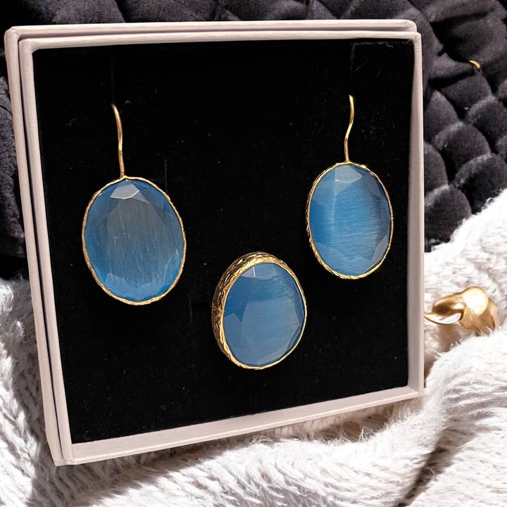 Conjunto «SOLYGE» dourado a ouro fino com ágata azul por atacado de TOURMALYN