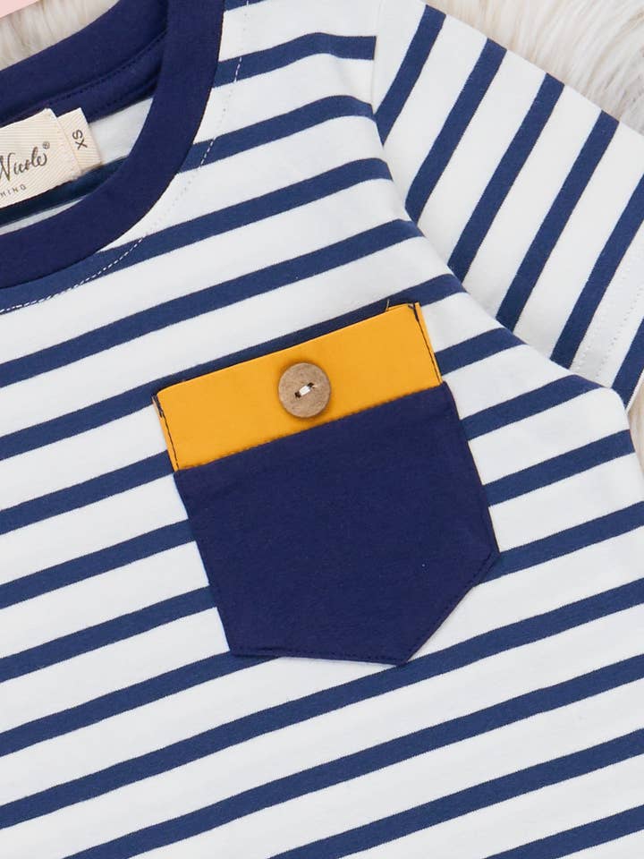 Marie Nicole Clothing - Wholesale Top & Short Set - Kids - Nautical Stripes Pocket Outfit Blue