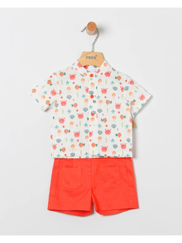 COCO ACQUA - Wholesale Top & Short Set - Kids - Navy Printed Shirt and Coral Bermuda Set