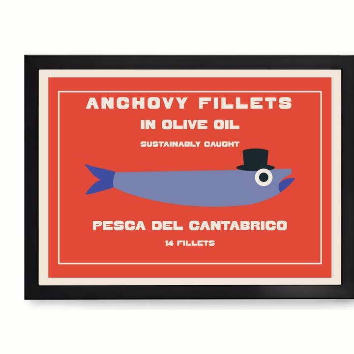 Retro Tinned Anchovies Kitchen Print for wholesale by Little Egret Design