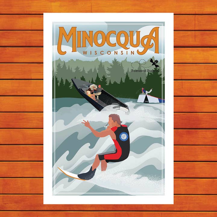Minocqua Boys Water Skiers Retro Travel Poster Prints for wholesale by Bemused Creative
