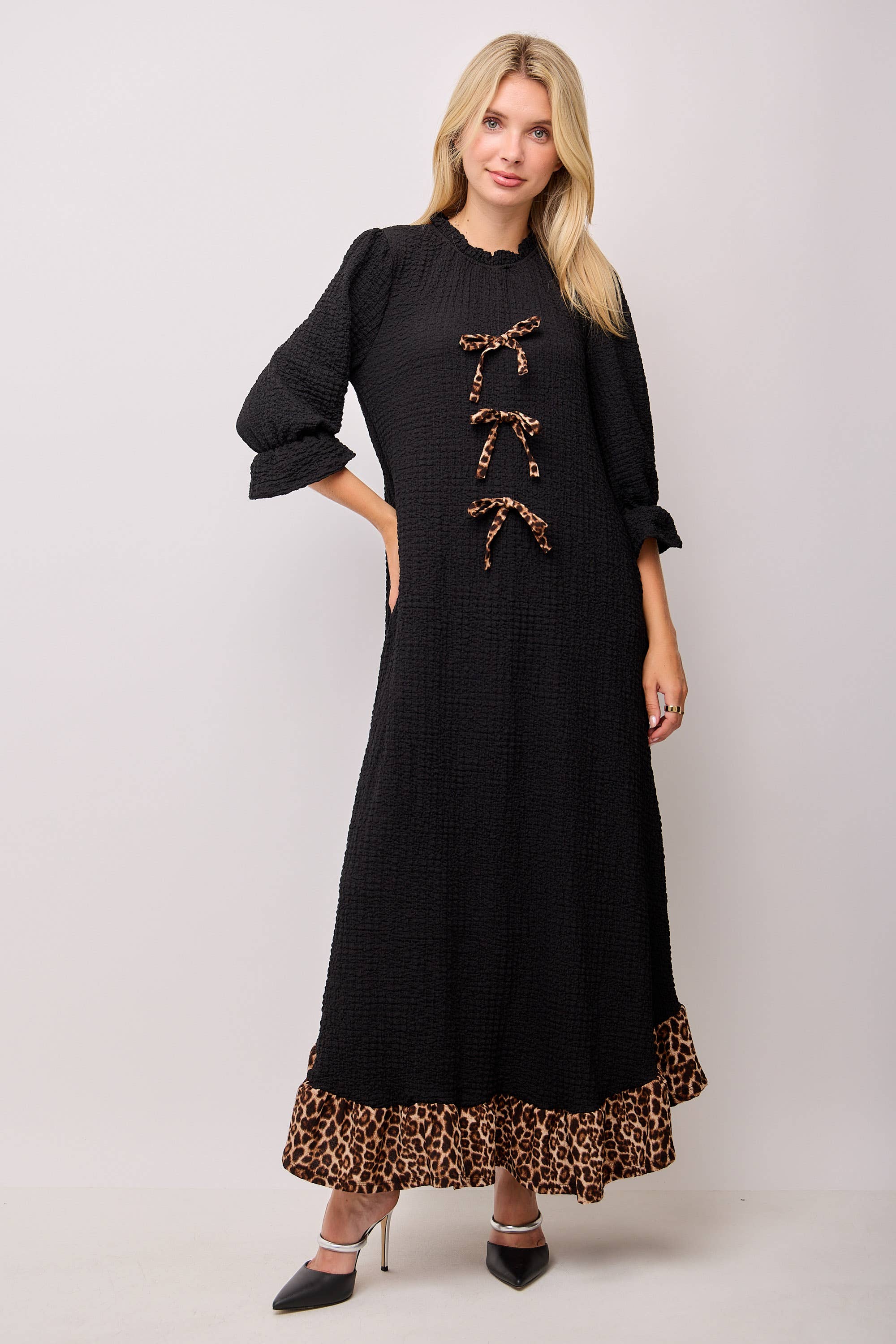 Celeste Clothing - Wholesale Dress - Women's - WOMEN'S PLUS SIZE  MAXI DRESS -LEOPARD CONTRAST AND BOWS 1