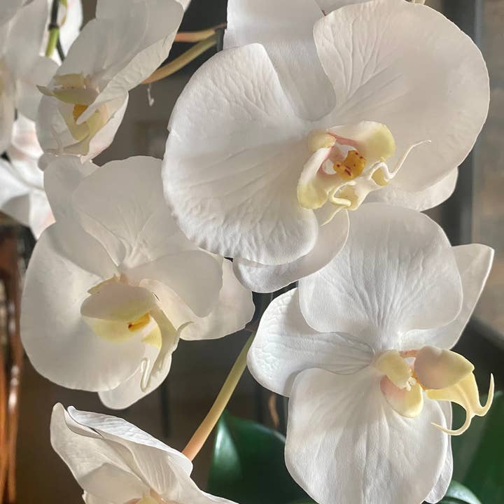Vivian Rose LLC - Wholesale Artificial Flowers - Faux orchid arrangement with white orchids in gold pot - 26"
