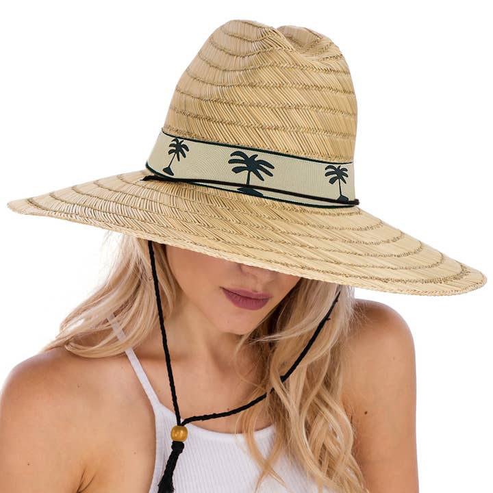 Cap Zone - Wholesale Straw Hat - Women's - Palm Tree Band Wide Rush Straw Lifeguard Hat