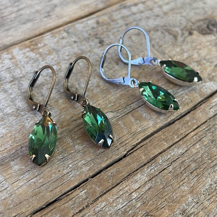 Christine Stoll | Altered Relics - Wholesale Dangle Earrings - Turmaline Green Vintage Rhinestone Earrings