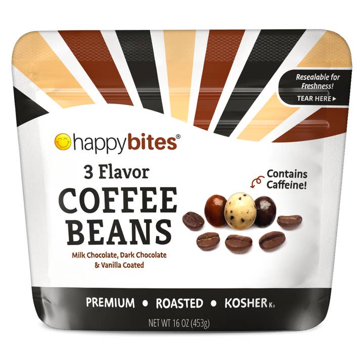 Happy Bites 3 Flavor Covered Coffee Beans (16 oz) for wholesale by Eat Play Happy, Inc
