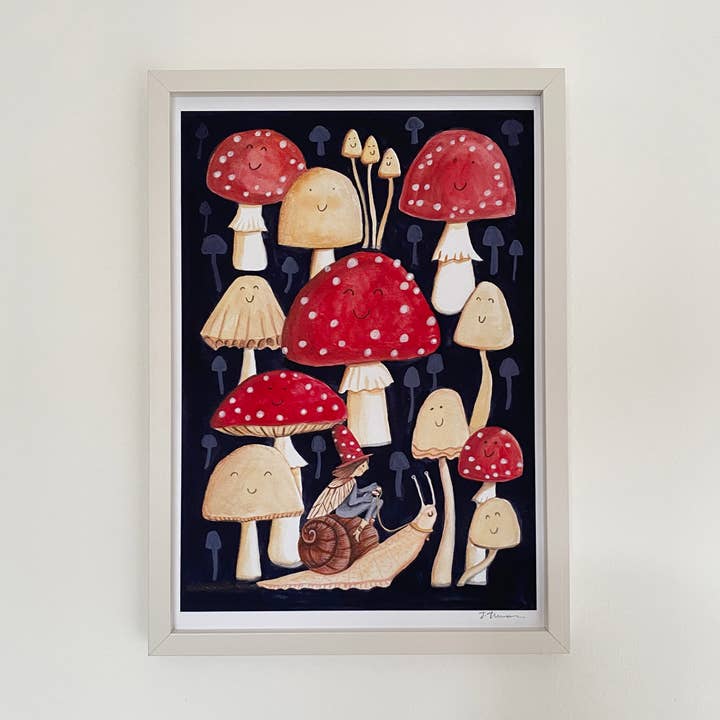 Elf riding a snail with toadstools A4, signed giclee print for wholesale by Juliet Thomas Doodles