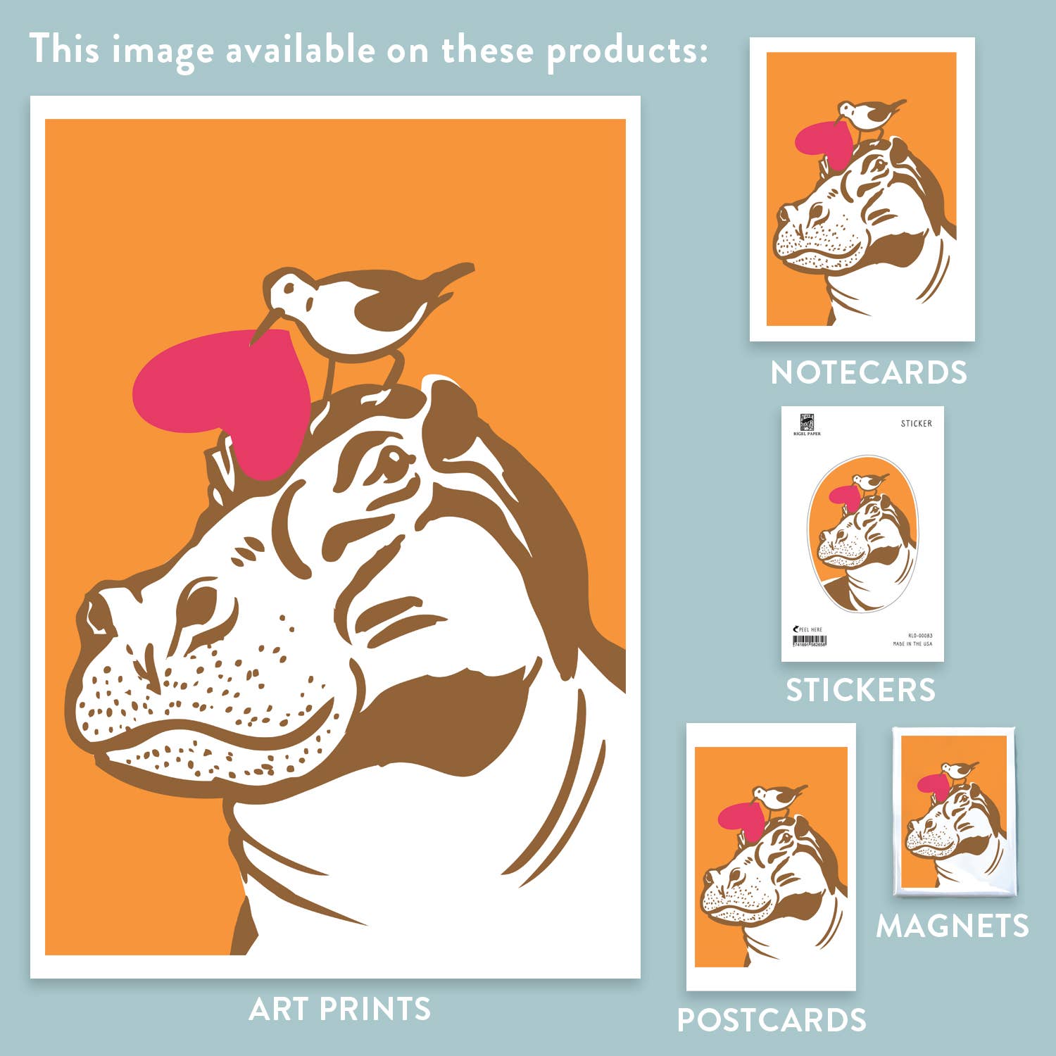 Rigel Paper - Wholesale Art Print - RLO-83 Hippo with Hearts Art Print1