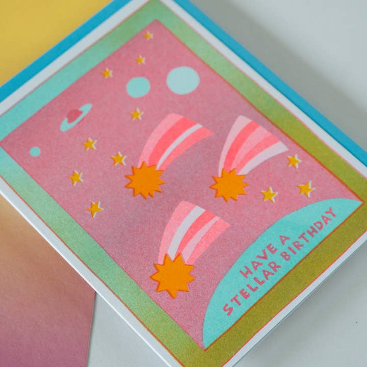 Katie Blanchard Art + Works - Vente Cartes d'anniversaire - Have a Stellar Birthday - Carte de vœux Risograph 1