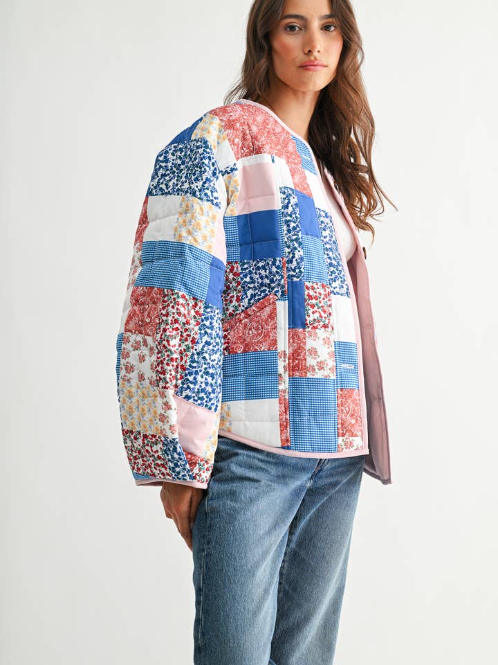 BLUE MULTI CJJ26871 PATCHWORK BLISS QUILTED JACKET for wholesale on Faire7