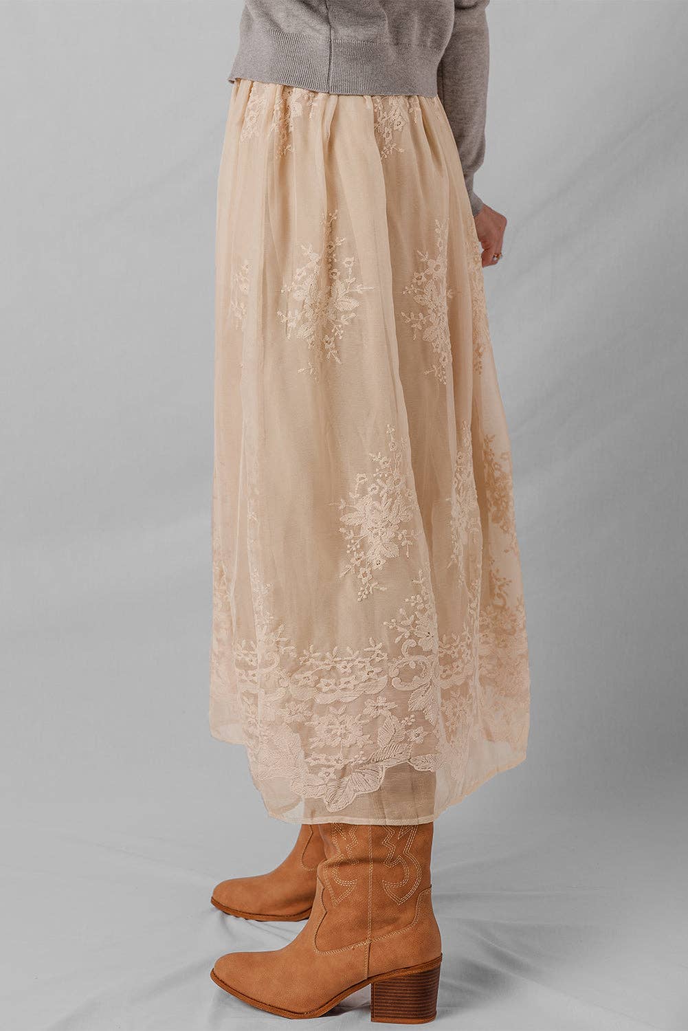 Oatmeal Embroidered Mesh Overlay Flowy Long Skirt for wholesale on Faire6