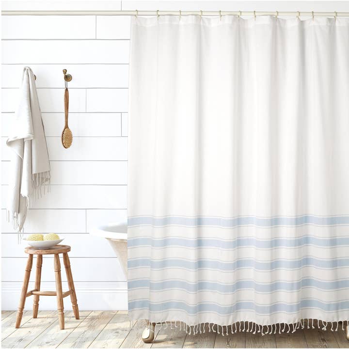 Shower Curtain, 100% Cotton, 72" x 72", Cabana Stripe Blue for wholesale by Folkhomes Global Inc
