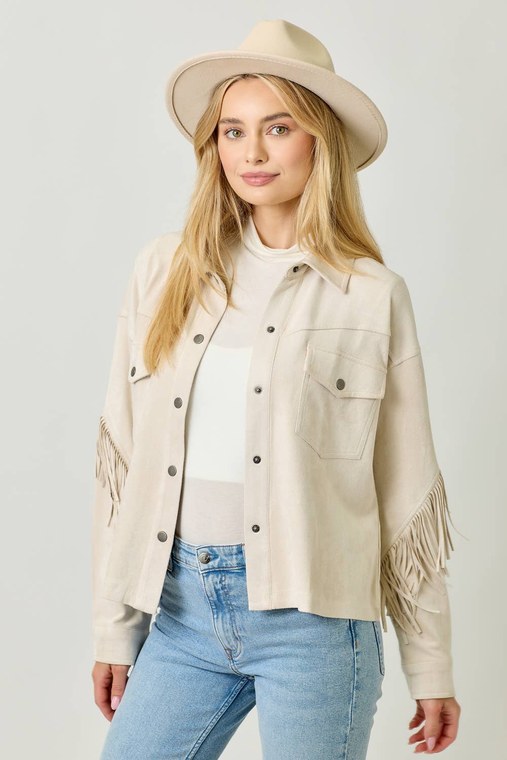 Mystree - Vendita all'ingrosso Giacca a camicia - Donna - 20609 Giacca Camicia in Suede con Dettaglio sul Retro a Frange6