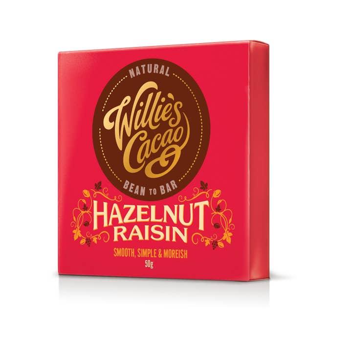 Hazelnuts & Raisin Dark Chocolate Bar. Vegan.  for wholesale by Willie's Cacao USA