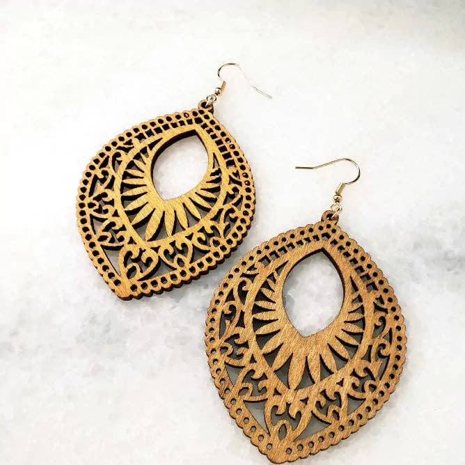 Laser Cut Light Brown Wooden Earrings for wholesale by Pretty Pickie