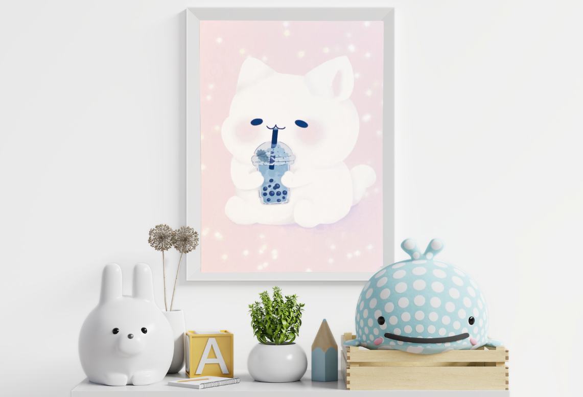 bJenuineCo - Vente Affiche d'art - Impression artistique de chat kawaii mignon et de boba vert1