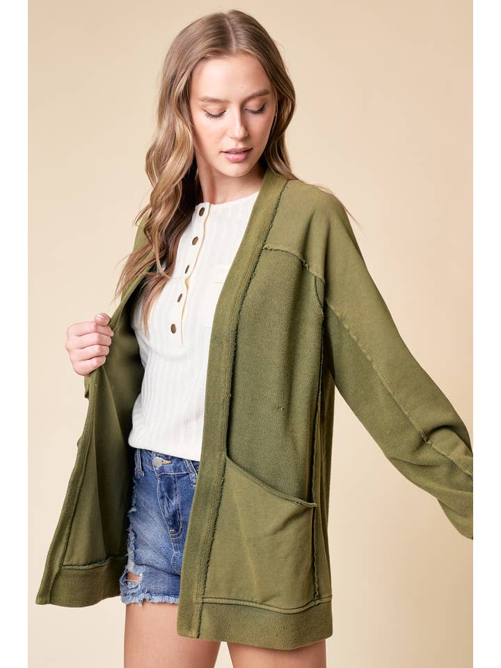 Olive Washed Oversized Pocket Front Cardigan - 9873J for wholesale on Faire