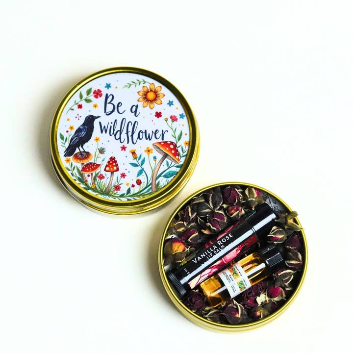 Thoughtful Gifts | Be a Wildflower" Lip + Oil Care Tin Set for wholesale by Blooming Wild Botanicals