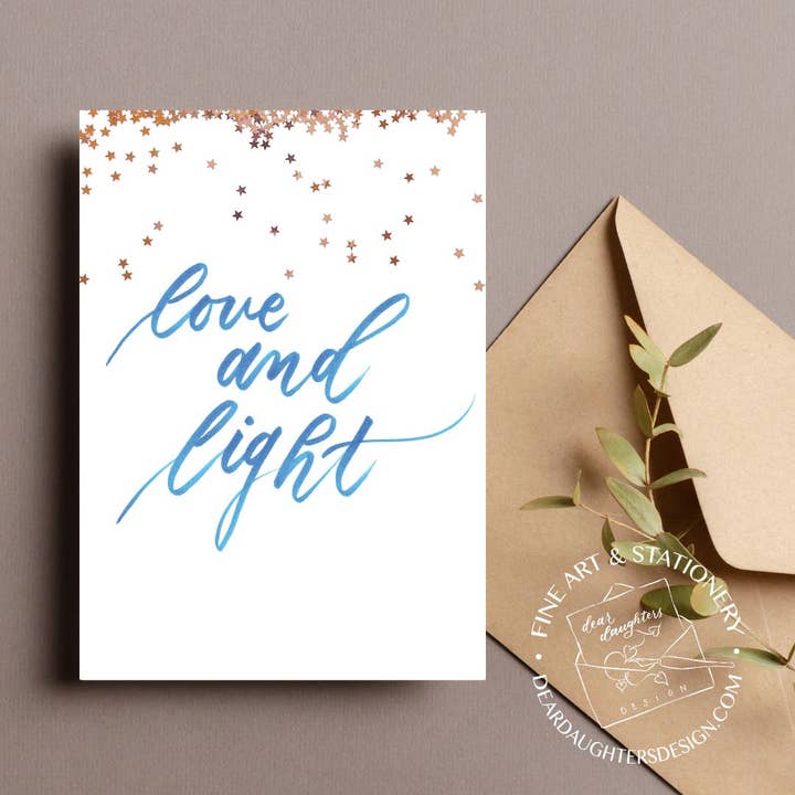 "Love and Light" Blue Brush Script Holiday Greeting Card - Holidays #3 for wholesale by Dear Daughters Design