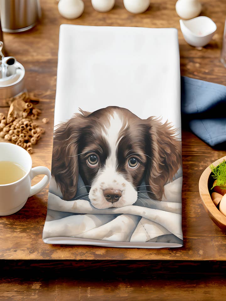 Ted - Joli chiot dans une couverture - Torchon unique pour chien pour la vente par Homemade Hollydays Wholesale