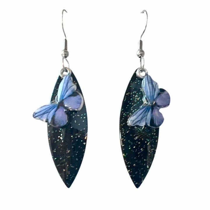 Black Sparkle Butterfly Earrings Nature Jewelry Handmade for wholesale by Eye Catching Jewelry