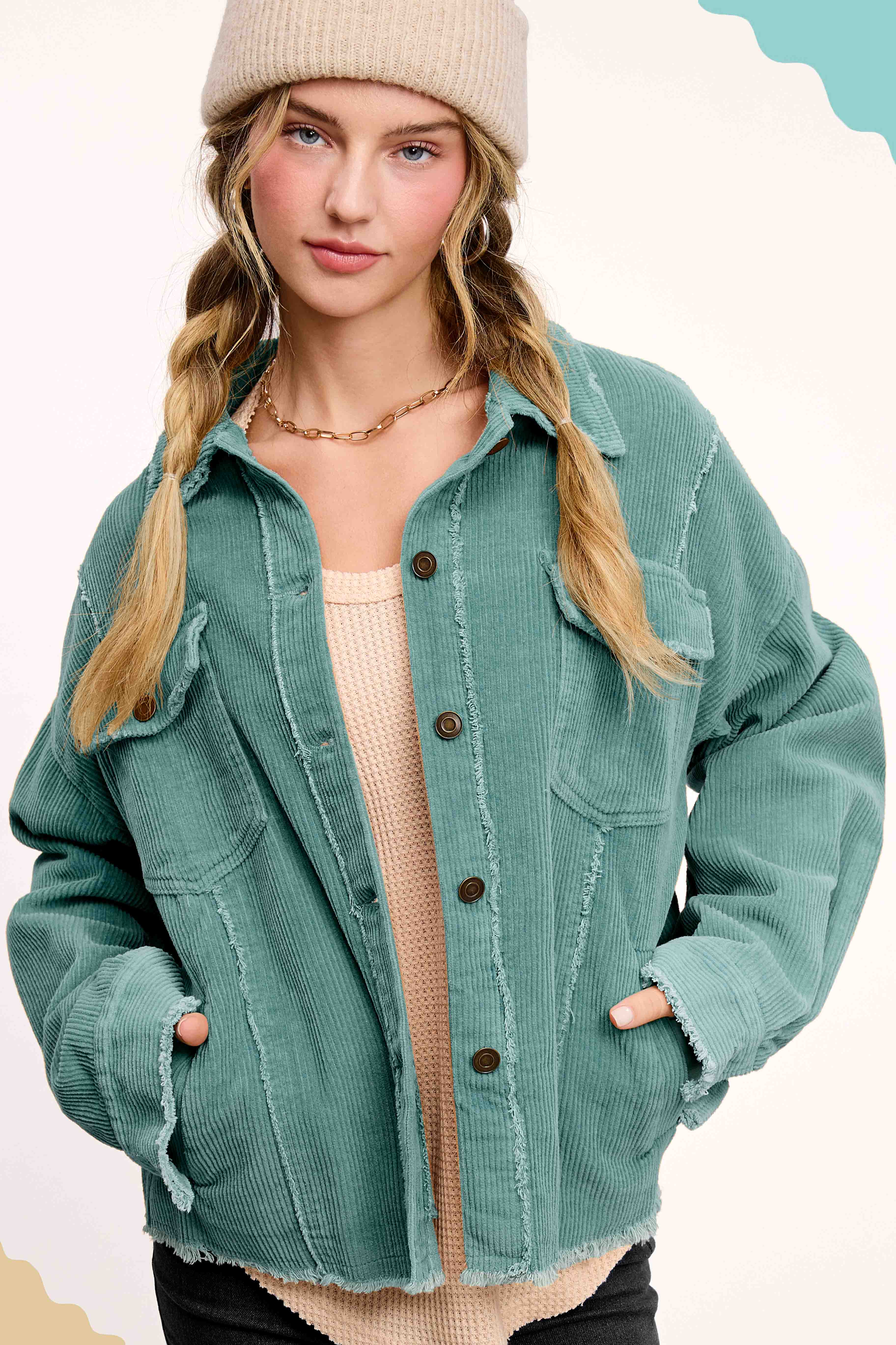 La Miel - Vente Veste – femme - Veste surdimensionnée en velours côtelé lavé avec boutons - JKT17823