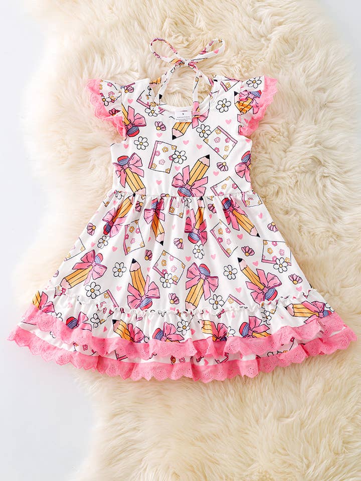 Kids Charm Online - Wholesale Dress - Kids - Cute Floral pencil printed back to school dress w/ pink lace trim. DRG51171