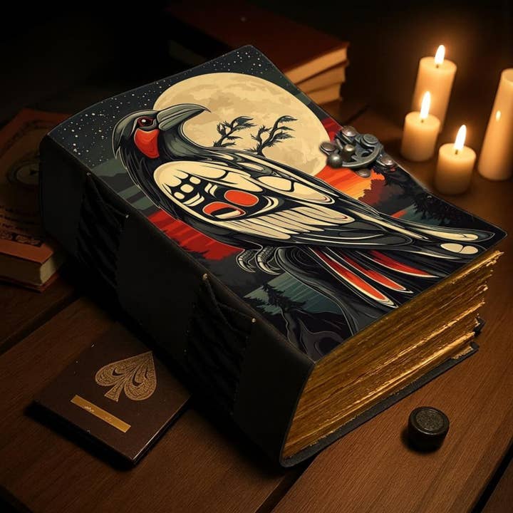 MNM HANDICRAFTS - Wholesale Journal/Diary - Handmade Raven Leather Journal — Moon & Botanical Cover4