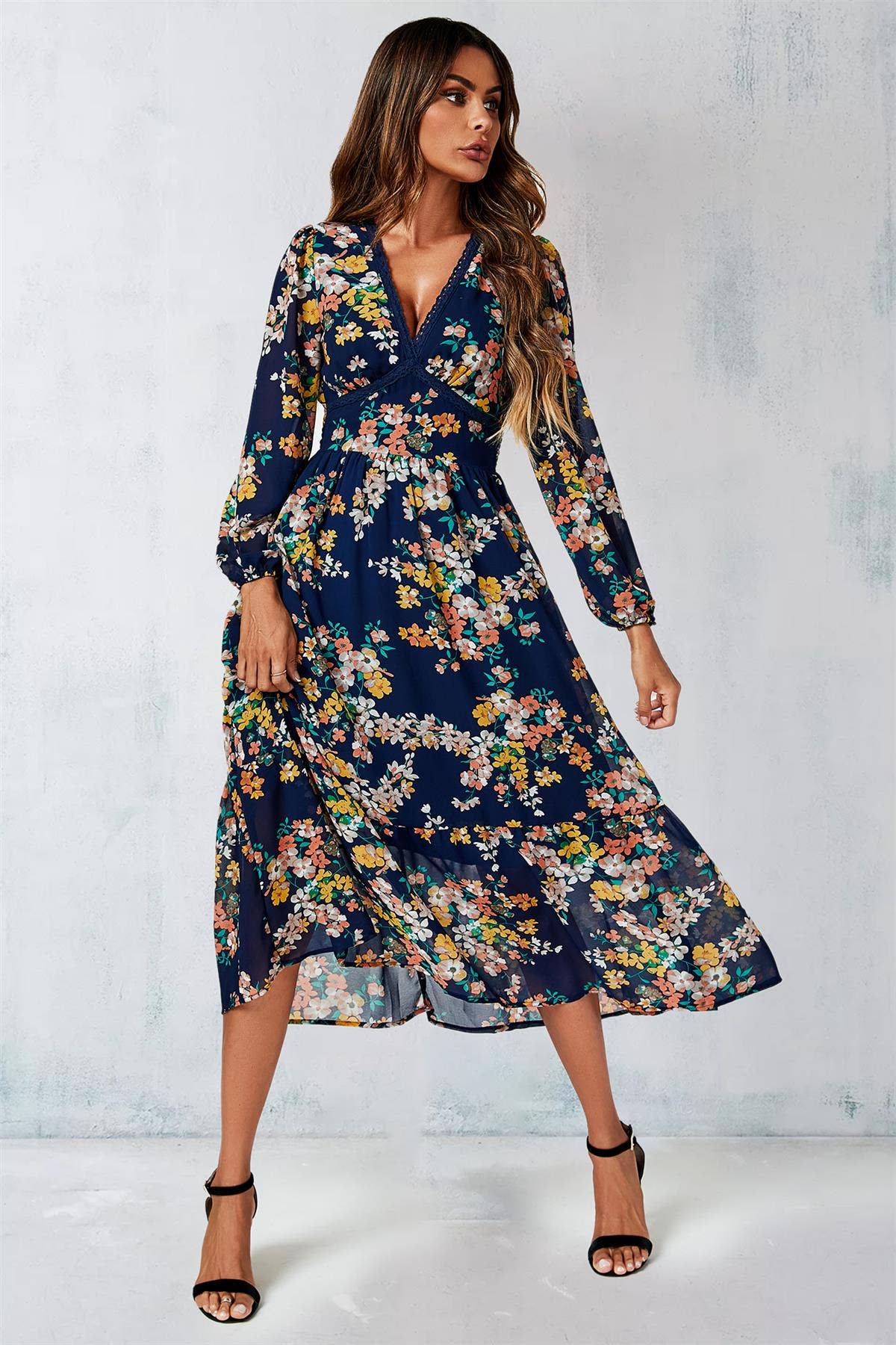 Floral Print Long Sleeve Maxi Dress In Navy for wholesale on Faire2