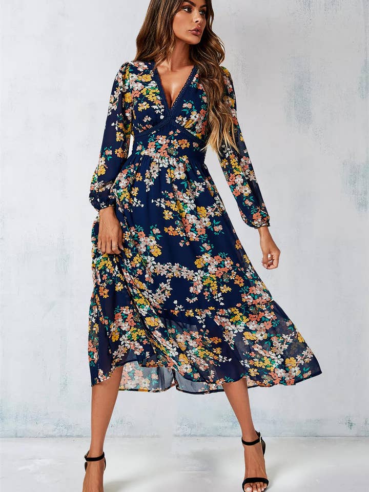 Floral Print Long Sleeve Maxi Dress In Navy for wholesale on Faire2